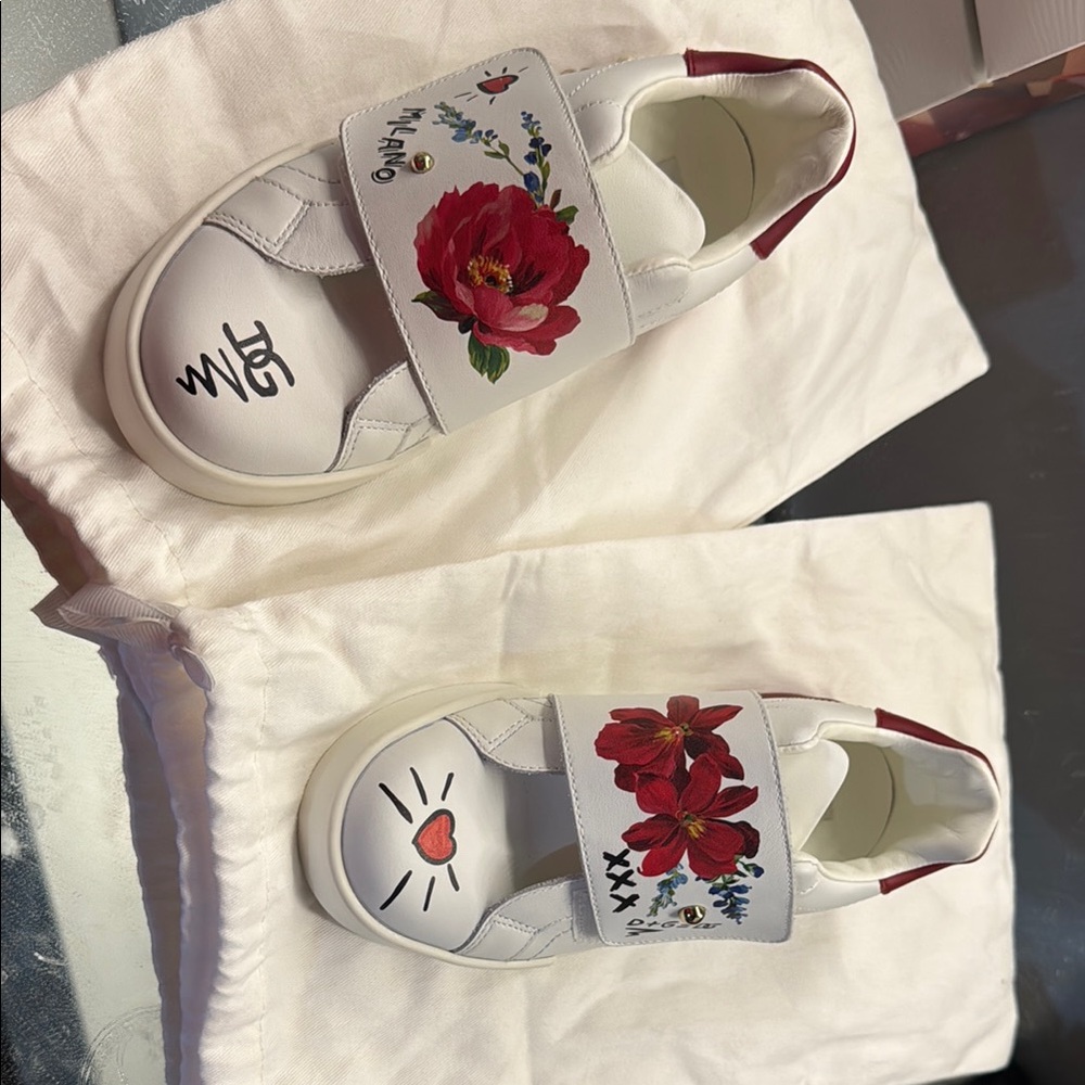 Floral White Sneakers with Red Accents